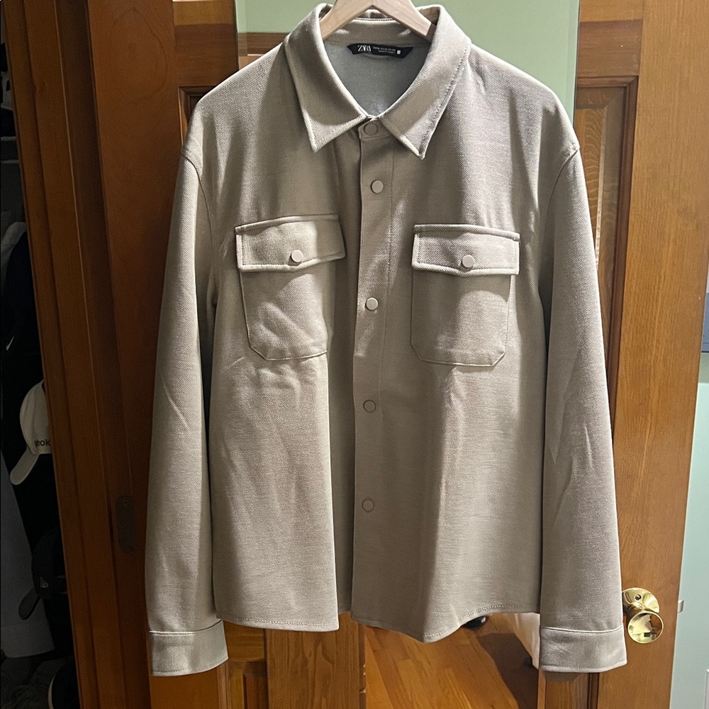 Zara Men's Taupe Shirt Jacket with Chest Flap Pockets